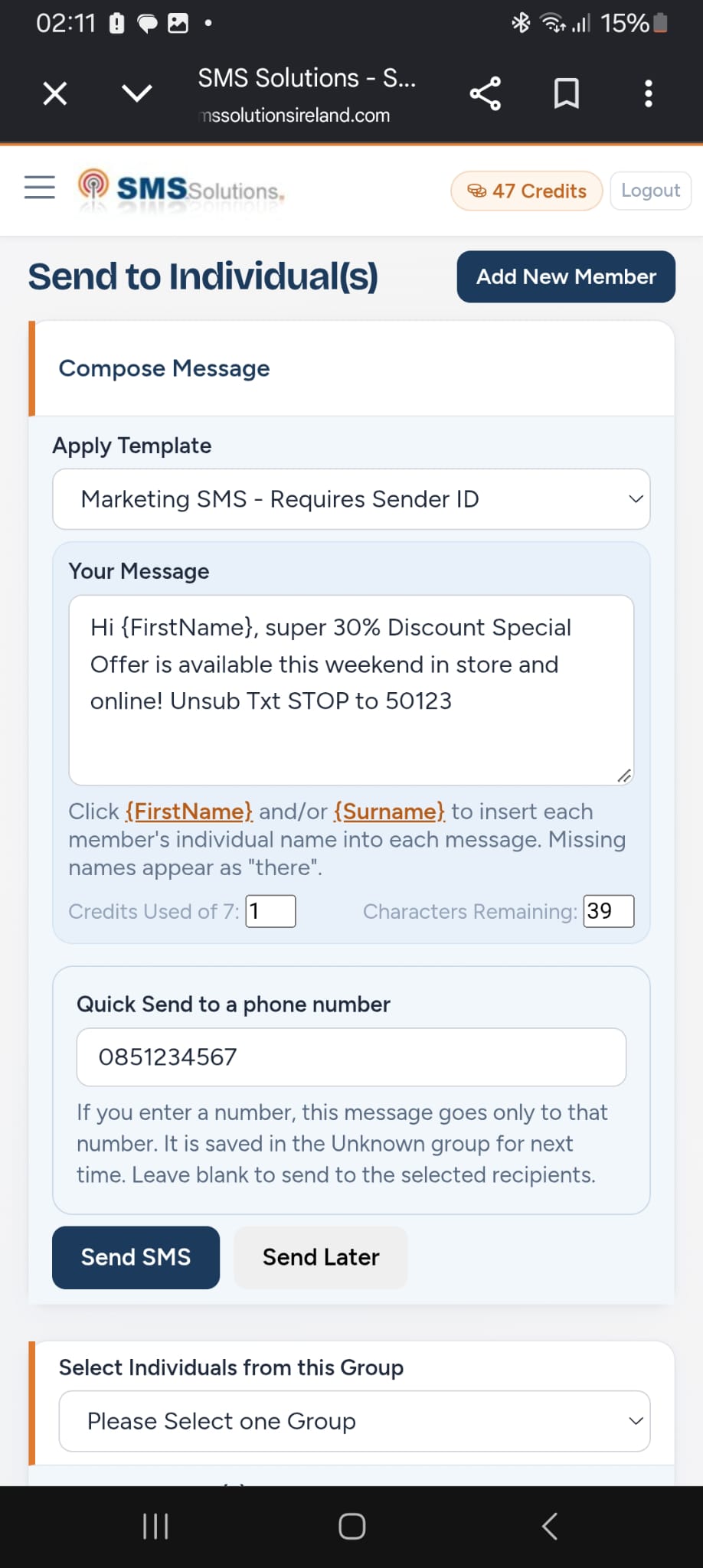 SMS Solutions mobile screen showing a message, personalisation and Quick Send
